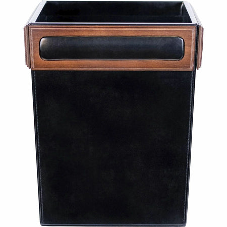 Dacasso Walnut & Leather Waste Basket - Elegant 3.50 gal Bin - Black - Containers Lids