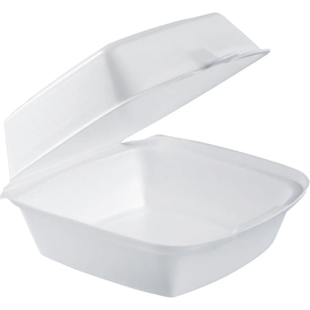 Dart 6’’ Foam Container with Hinged Lid - Disposable White Polystyrene - 125/Bag - Food Storage