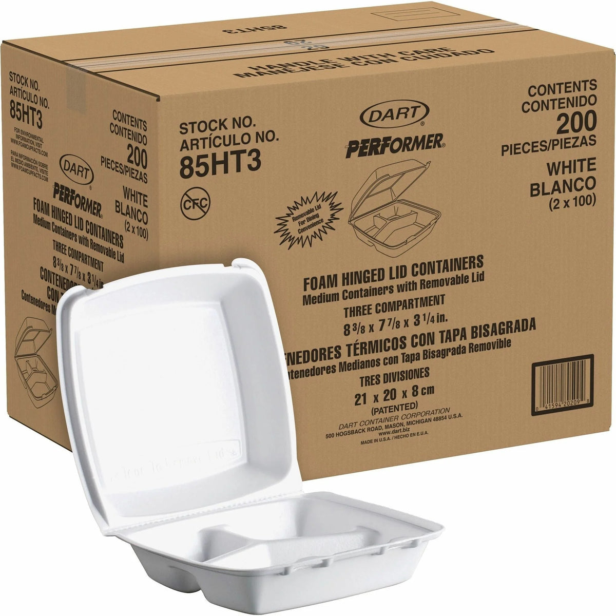 Dart 8-1/2’’ Triple-Compartment Foam Containers - Pack of 200 - Food Storage