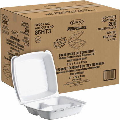 Dart 8-1/2’’ Triple-Compartment Foam Containers - Pack of 200 - Food Storage