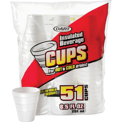 Dart 8.5 oz Insulated Beverage Cups: White Foam for Hot & Cold Drinks - Cups