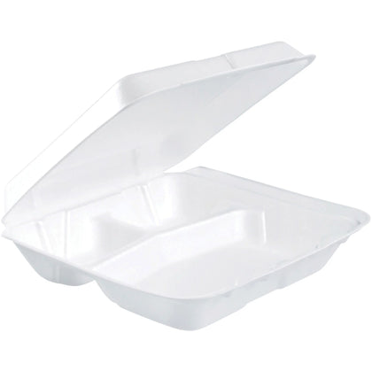 Dart Insulated Foam 3-Compartment Containers - 8x7.5x2.3’’ - White - 200/Carton - Food Storage