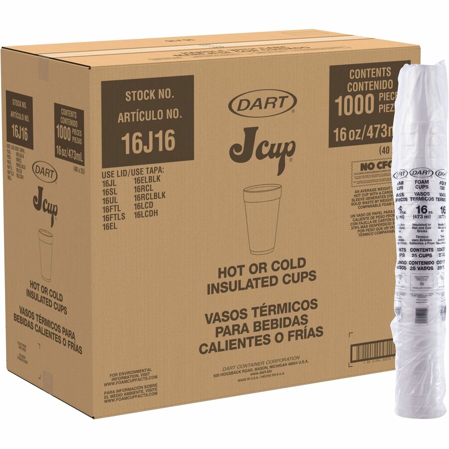Dart J Cup 16 oz Insulated Foam Cups - fl - White - Cold Drink Hot Soft - 25/Bag - 40 / Carton