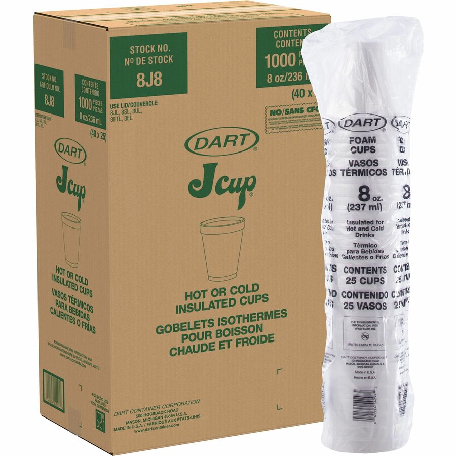Dart J Cup 8 oz Insulated Foam Cups - fl - White - Hot Drink Cold Coffee Cappuccino Tea Chocolate Cider