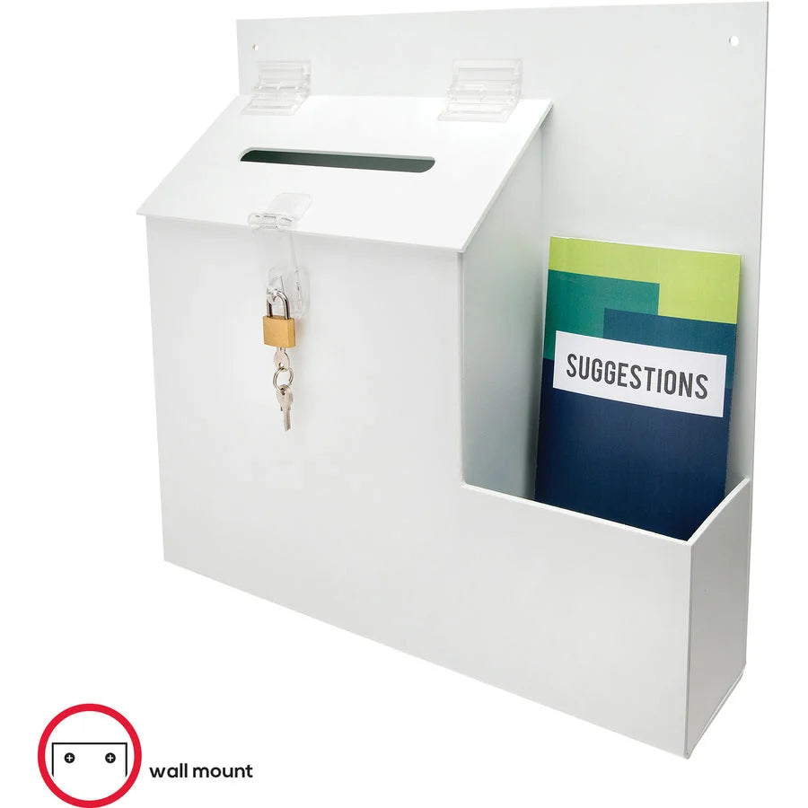 Deflecto Suggestion Box: 13.8’’ x 3.6’’ 13’’ - Key Lock Closure - White Plastic - Mailbox/Suggestion Boxes