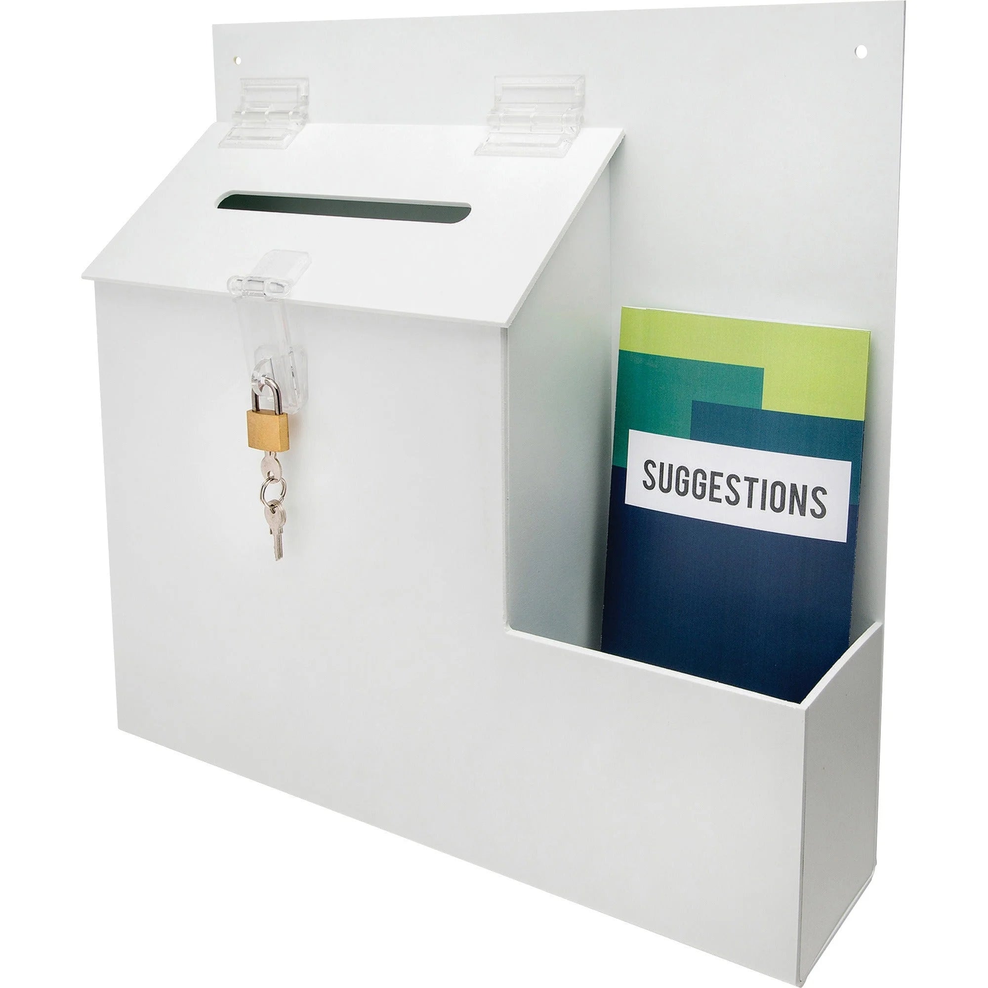 Deflecto Suggestion Box: 13.8’’ x 3.6’’ 13’’ - Key Lock Closure - White Plastic - Mailbox/Suggestion Boxes