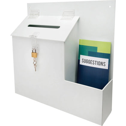 Deflecto Suggestion Box: 13.8’’ x 3.6’’ 13’’ - Key Lock Closure - White Plastic - Mailbox/Suggestion Boxes
