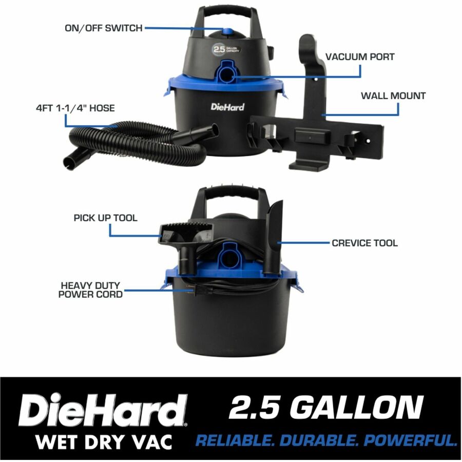 DieHard 2.5-Gallon 2.5 HP Wet/Dry Vacuum - 2.50 gal - Crevice Tool Pick-up Filter - Wet Surface Dry - Cleaners &