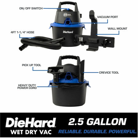 DieHard 2.5-Gallon 2.5 HP Wet/Dry Vacuum - 2.50 gal - Crevice Tool Pick-up Filter - Wet Surface Dry - Cleaners &