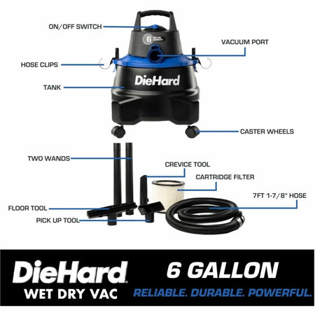DieHard 6-Gallon Wet/Dry Vacuum - Powerful 4.5 HP - Versatile Cleaning Solution - Cleaners & Accessories