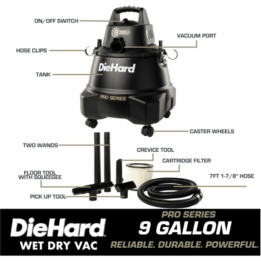 DieHard 9-Gallon 5.5 HP Pro Wet/Dry Vacuum - 9 gal - Squeegee Hose Wand Filter Crevice Tool Pick-up Floor - Cleaners &