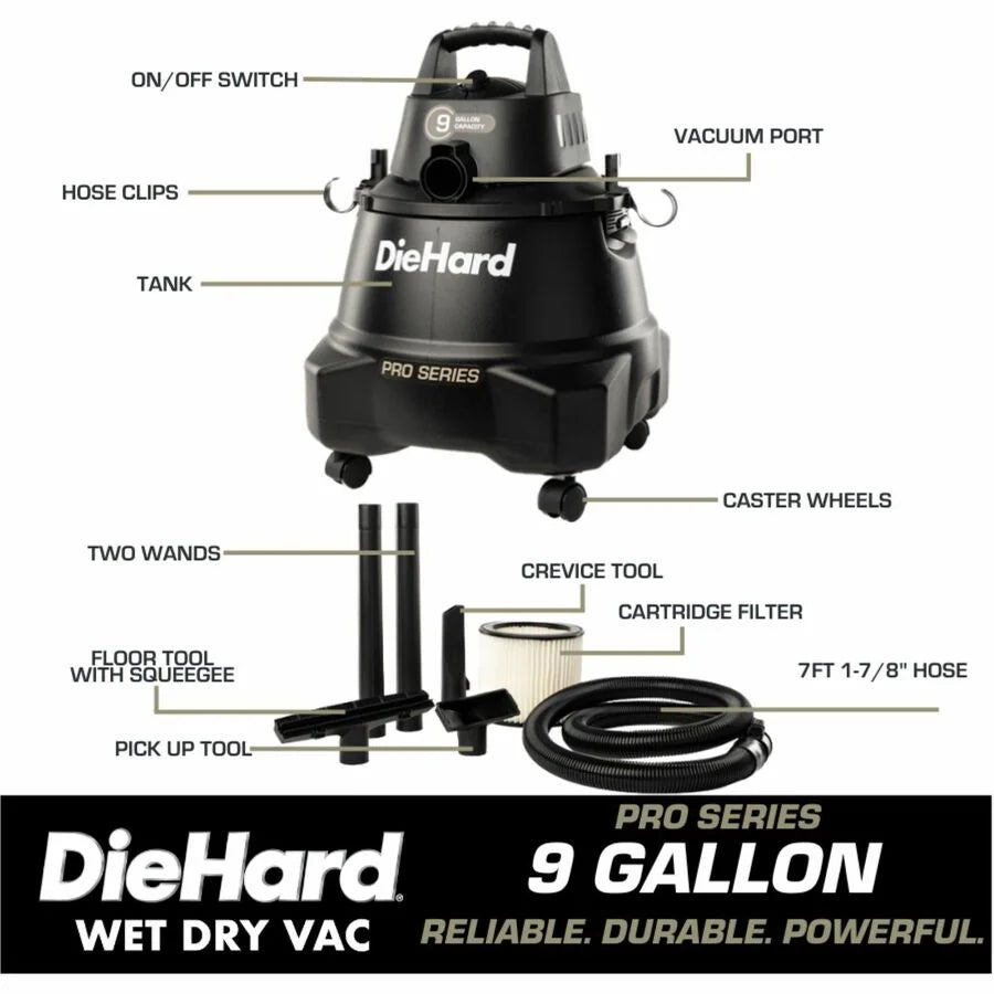 DieHard 9-Gallon 5.5 HP Pro Wet/Dry Vacuum - 9 gal - Squeegee Hose Wand Filter Crevice Tool Pick-up Floor - Cleaners &