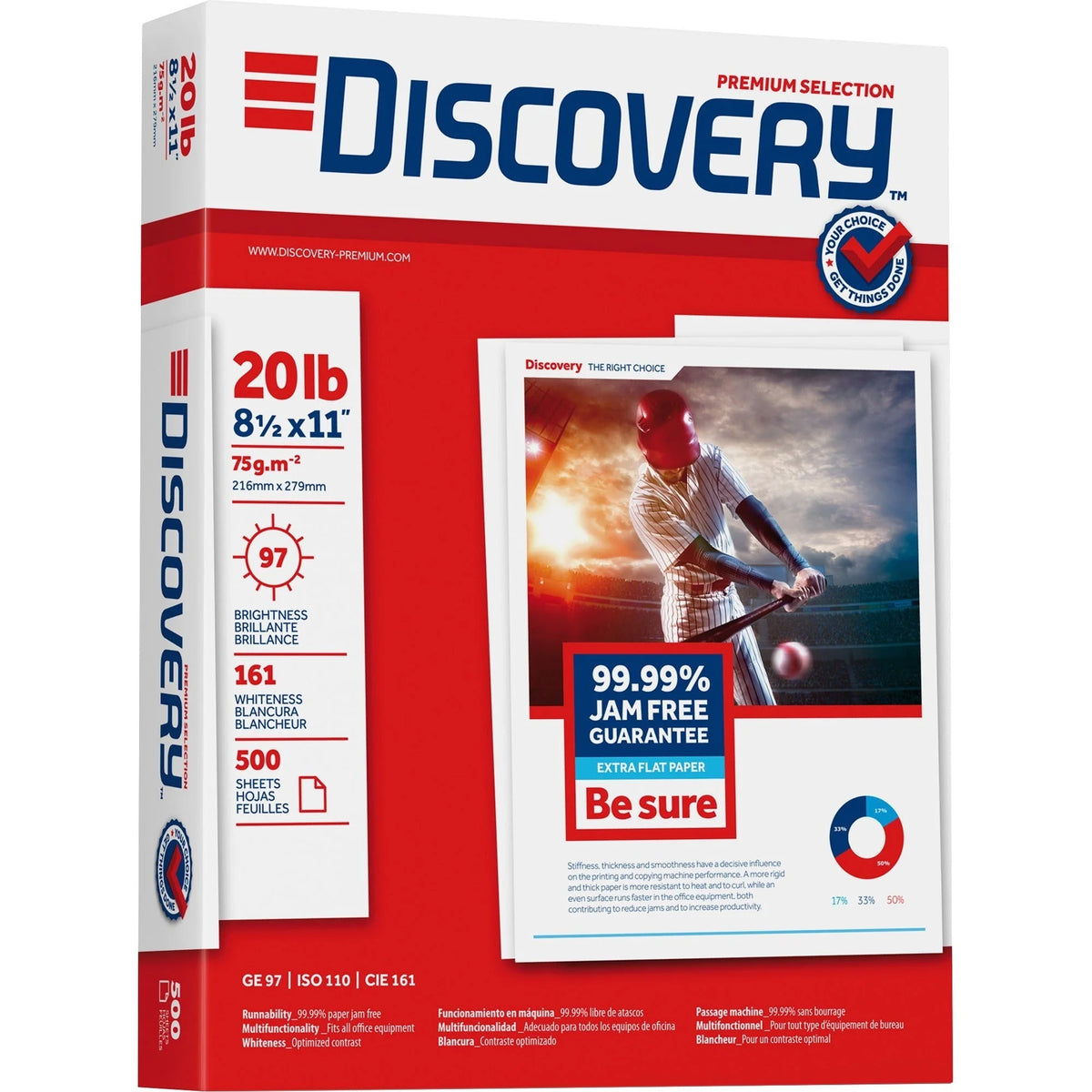 Discovery 3HP Premium Multipurpose Paper 8 1/2’’ x 11’’ 5 / Carton Anti-Jam 20 lb Basis Weight 500 Sheets per Ream