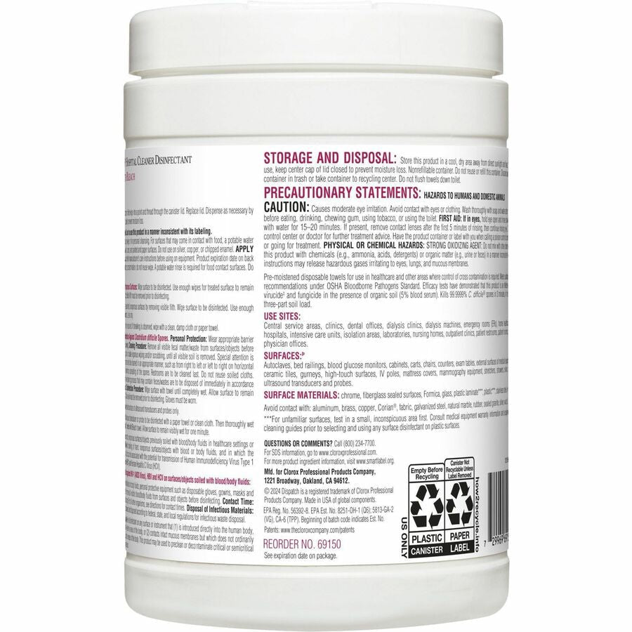 Dispatch Hospital Cleaner Disinfectant Towels with Bleach - Rear