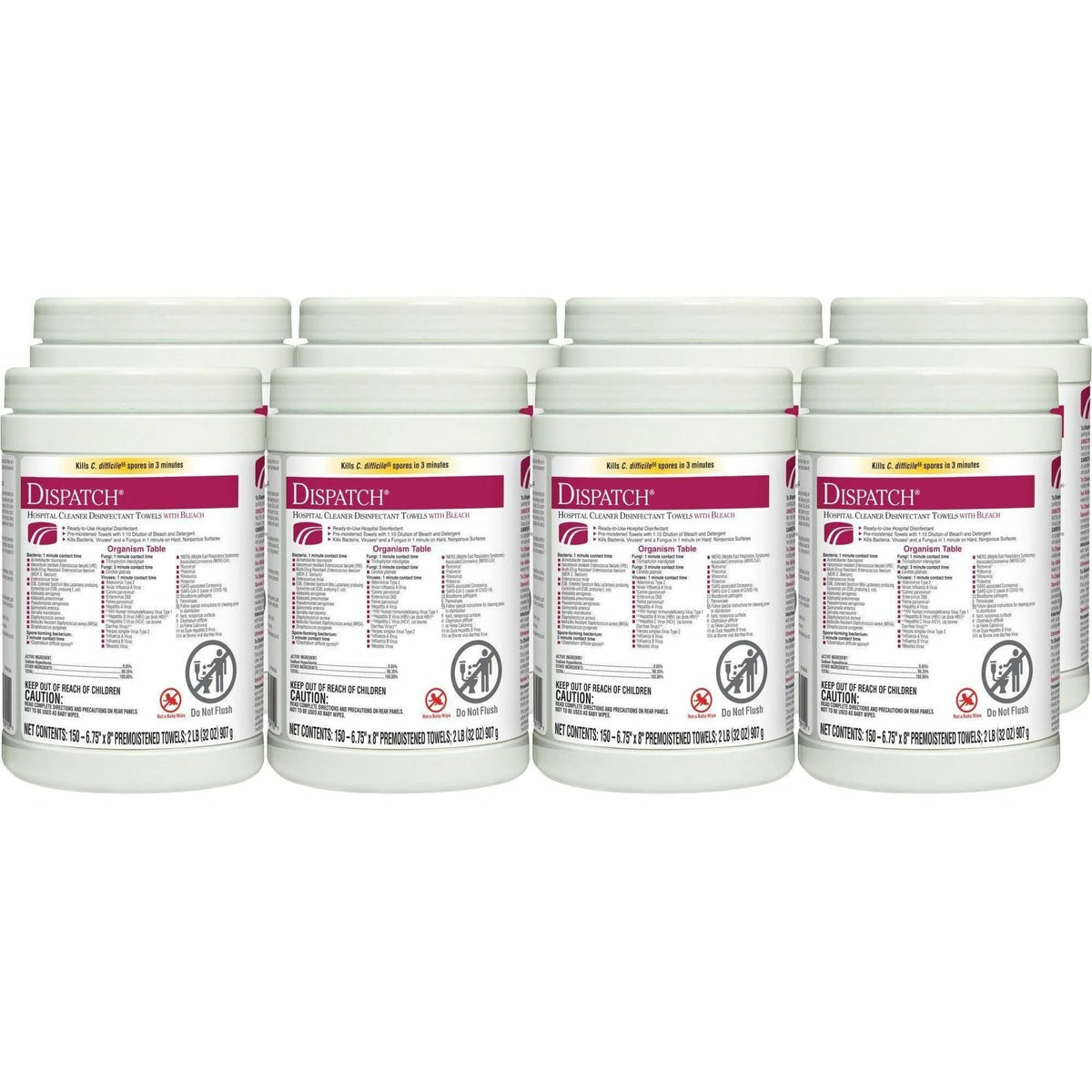 Dispatch Hospital Cleaner Disinfectant Towels with Bleach - Ready-To-Use - 32 oz - 150/Tub - Cleaning Wipes