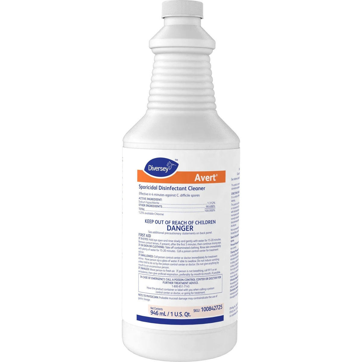 Diversey Avert Sporicidal Disinfect Cleaner: Ready-To-Use 32oz - Chlorine Scent - 12/Carton - Disinfectants