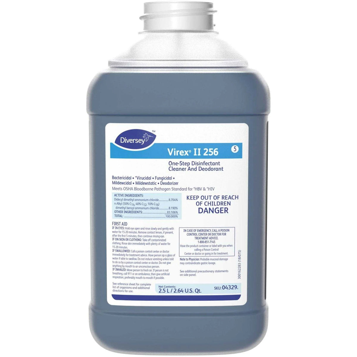 Diversey Virex II 256 Disinfectant Cleaner: Minty Scent 84.5 fl oz - 2.6 quart - Non-porous - Deodorize - Blue