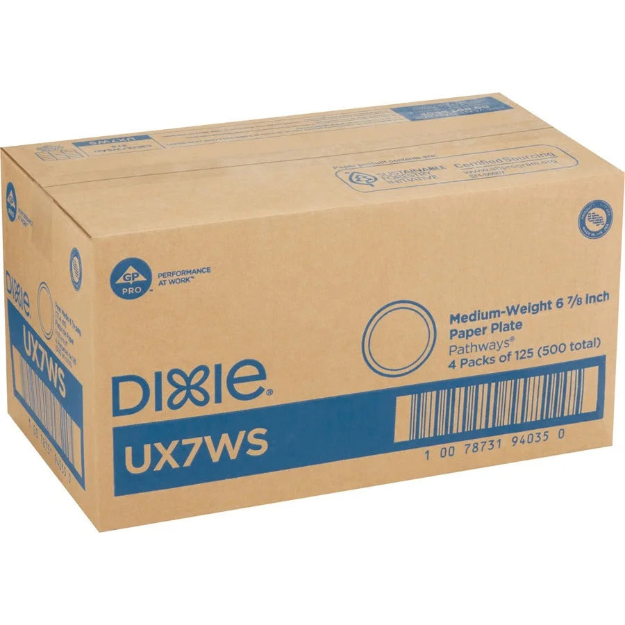 Dixie Pathways 7’’ Medium-weight Paper Plates by GP Pro - 6.9’’ Diameter - White - Body - 125 / Pack - 4 / Carton
