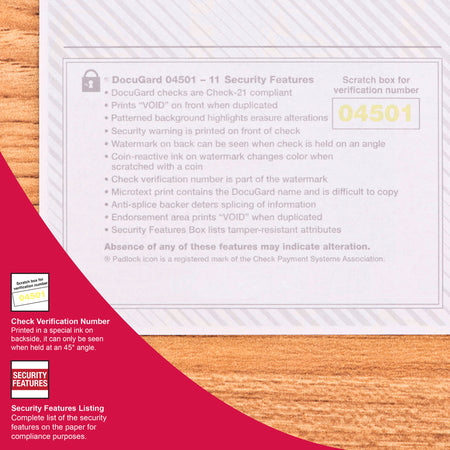 DocuGard Security Business Checks - Letter - 8 1/2’’ x 11’’ - 24 lb Basis Weight - Erasure Protection Watermarked