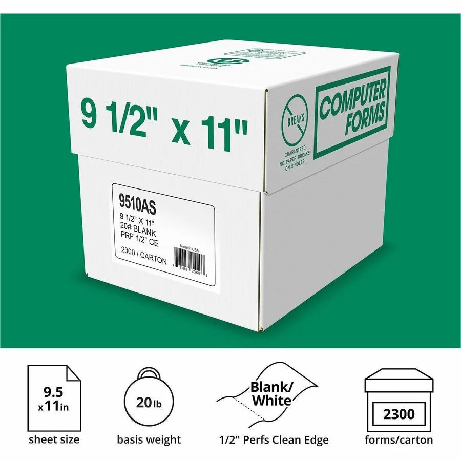 Domtar Continuous Paper: 9 1/2’’ x 11’’ 20 lb - Acid-free Carbonless Perforated - White - 1 Case - Specialty Paper