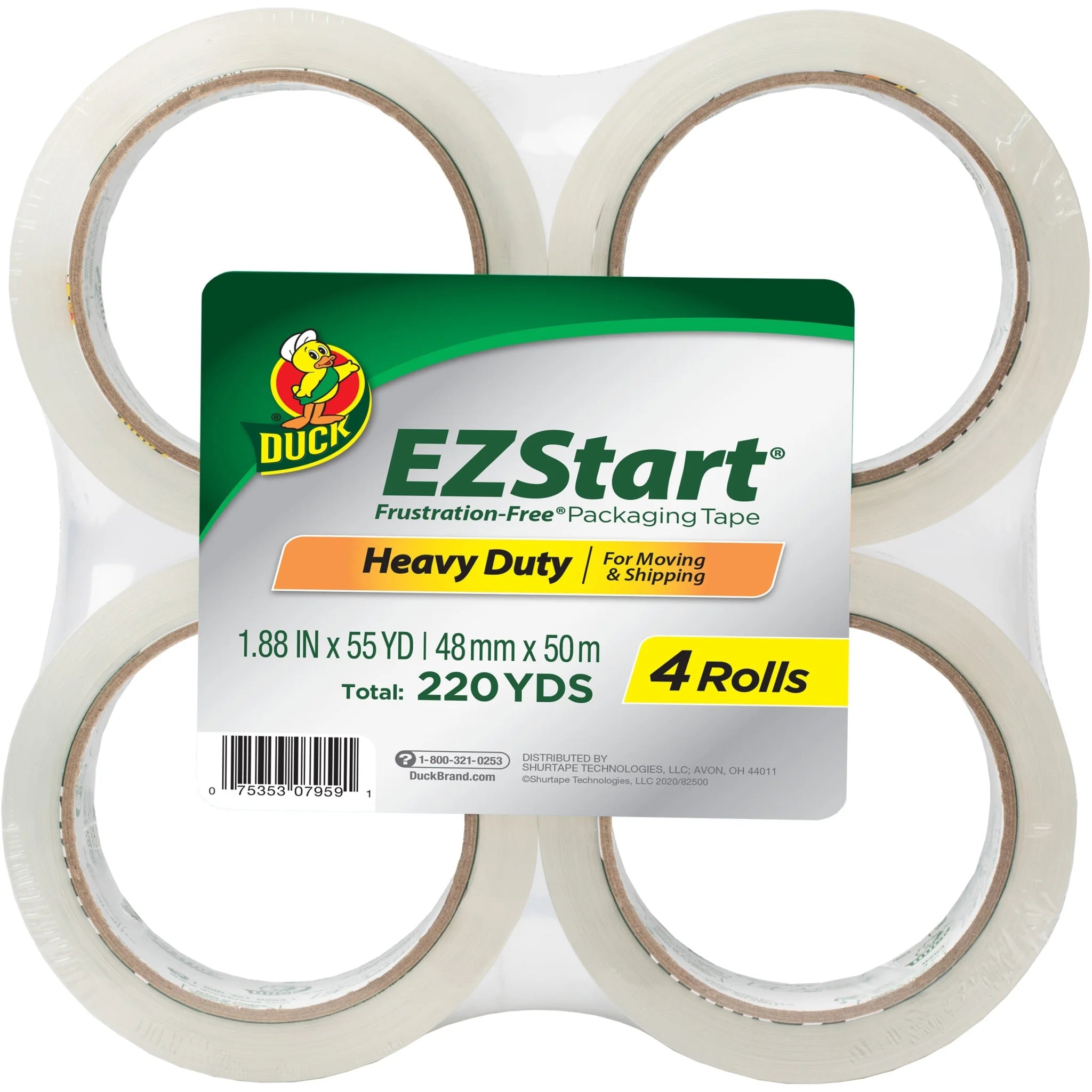 Duck Brand EZ Start Crystal Clear Packaging Tape - 4-Pack 54.60 yd Length - 1.88’’ Width - Strong & UV Resistant