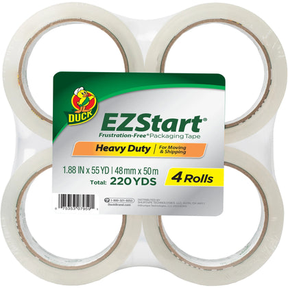 Duck Brand EZ Start Crystal Clear Packaging Tape - 4-Pack 54.60 yd Length - 1.88’’ Width - Strong & UV Resistant