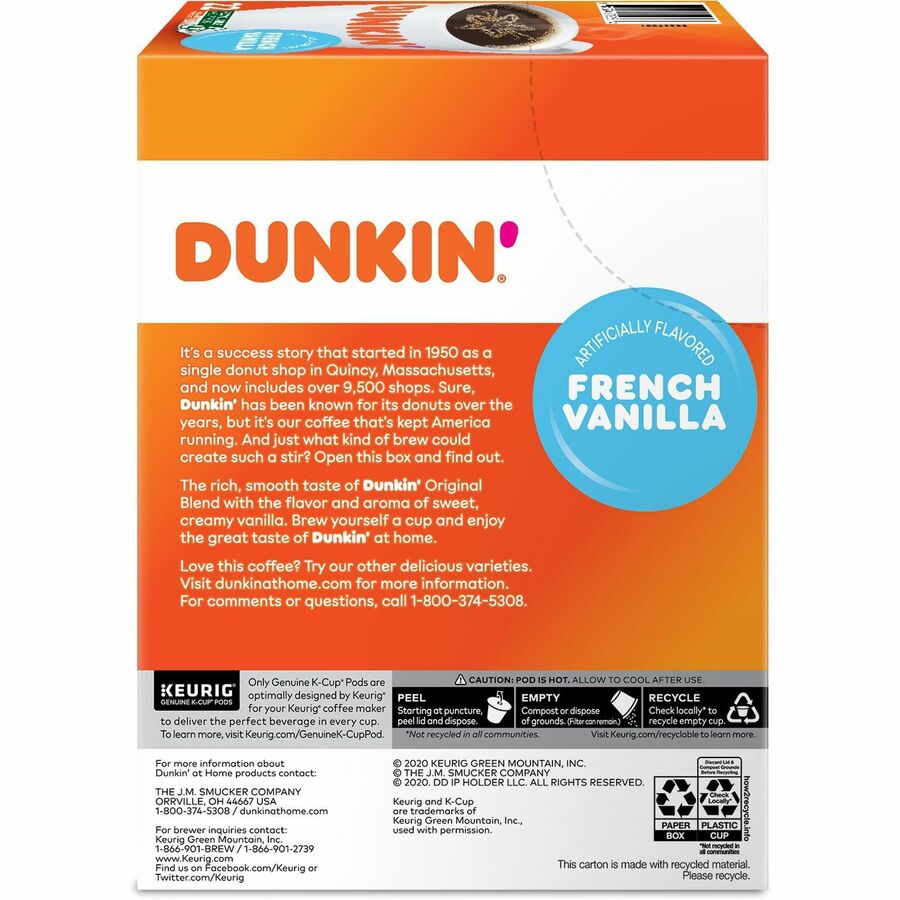 Dunkin’® K-Cup French Vanilla Coffee - Compatible with Keurig Brewer - Medium - 22 / Box