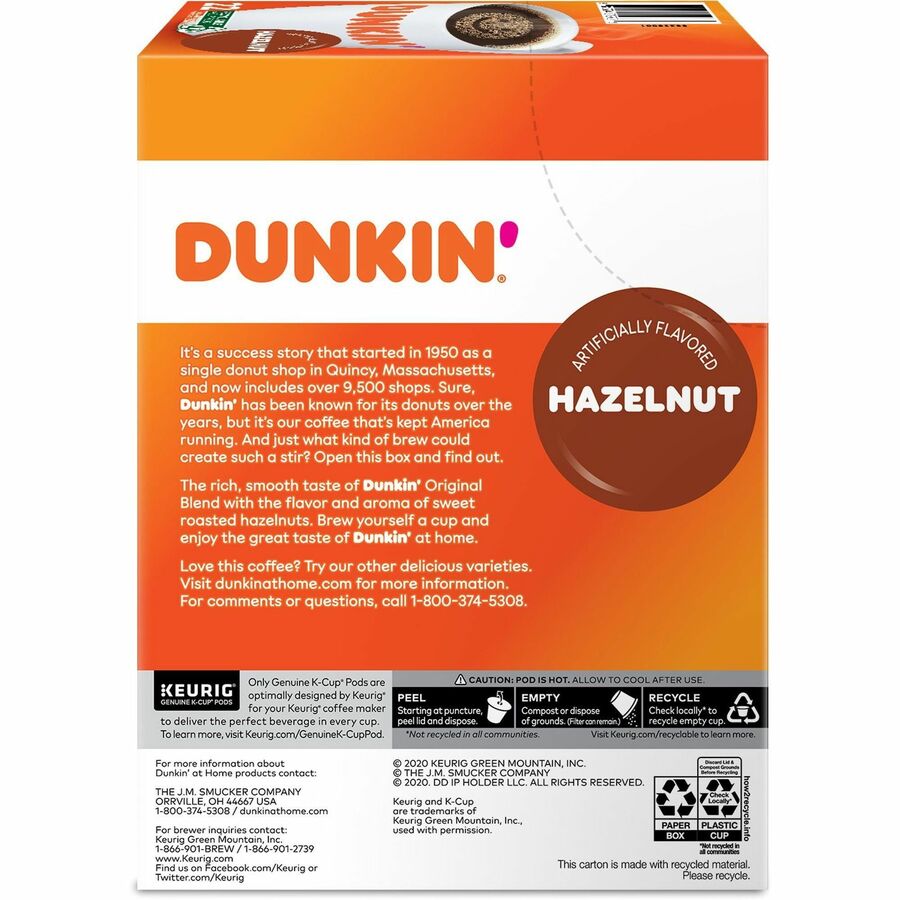 Dunkin’® K-Cup Hazelnut Coffee - Compatible with Keurig Brewer - Medium - 22 / Box