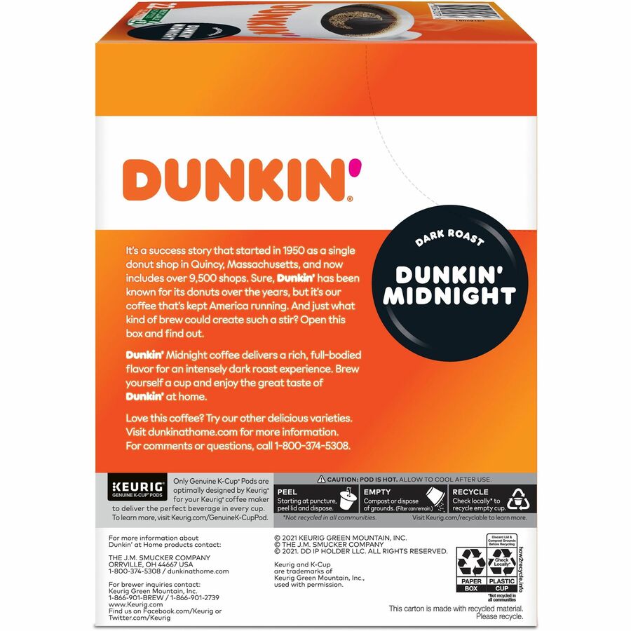 Dunkin’® K-Cup Midnight Coffee - Compatible with Keurig Brewer - Dark - 0.3 oz Per Box - 22