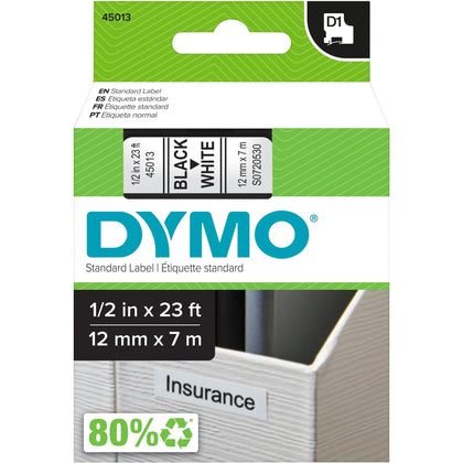 Dymo D1 Electronic Tape Cartridge: 1/2’’ White Polyester - Thermal Transfer - Label Maker Supplies