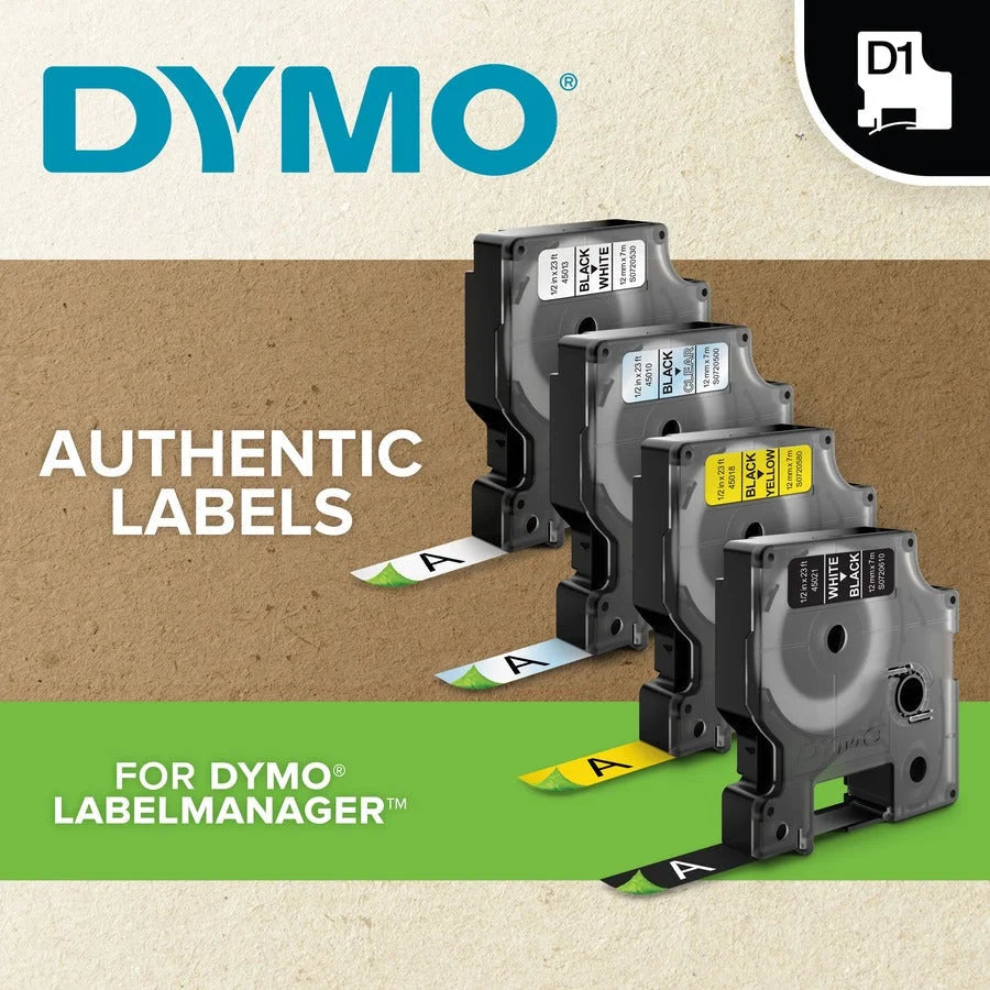 Dymo D1 Electronic Tape Cartridge: 1/2’’ x 23 ft - Clear Polyester - Scratch & Chemical Resistant - Label Maker Supplies