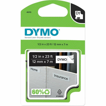 Dymo D1 Tape Cartridge: 1/2’’ x 23 ft - White/Black - Removable Easy Peel - Label Maker Supplies