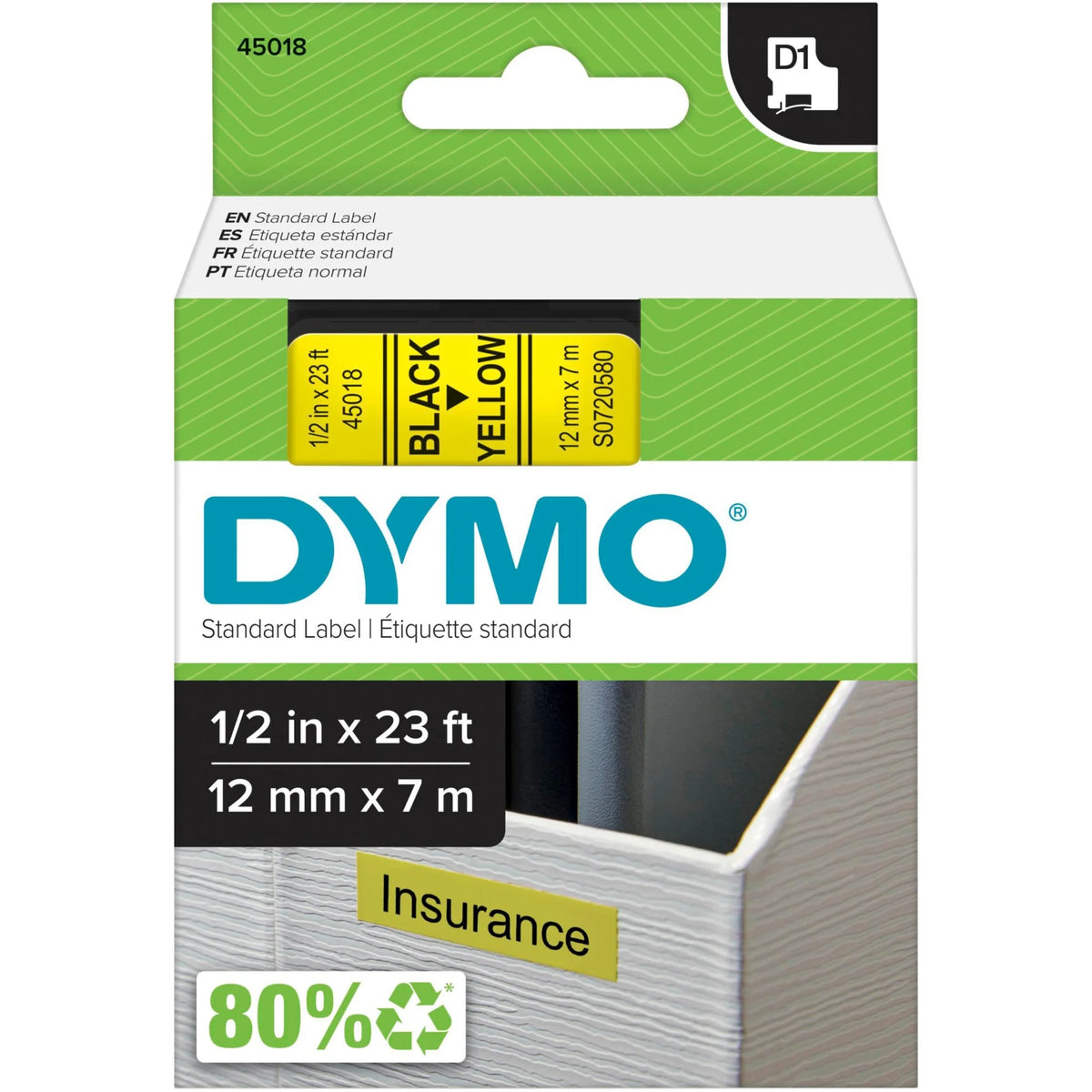 Dymo D1 Yellow Tape Cartridge - 1/2’’ Width - Polyester - 1 Each - Label Maker Supplies