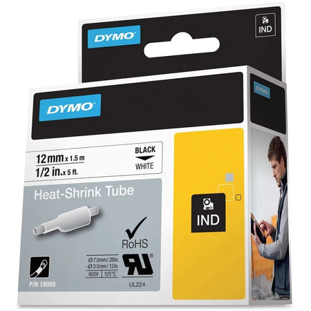 Dymo Heat Shrink Tube: 15/32’’ x 59 1/16’’ - Black on White Vinyl - Easy Peel - Label Maker Supplies
