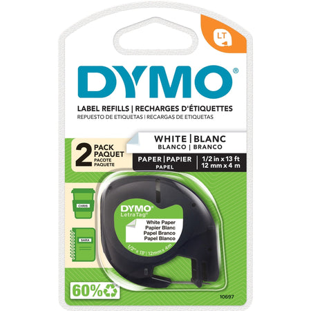 Dymo LetraTag Labelmaker Tape: 1/2’’ White Paper Easy Peel - 2/Pack - Label Maker Supplies