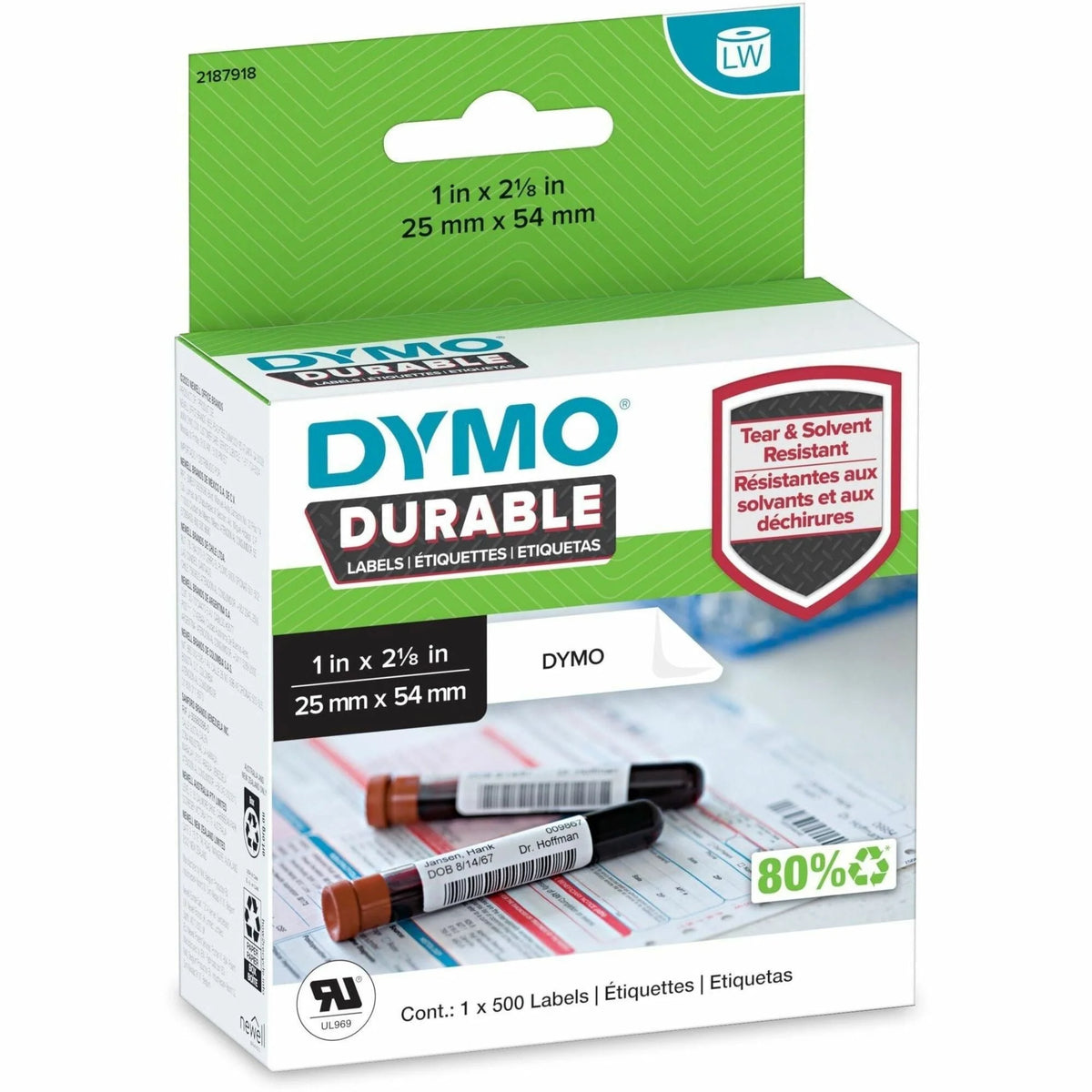 Dymo LW Durable Labels: 1x2 1/8’’ White Plastic - 500/Roll - Label Tapes & Maker Labels