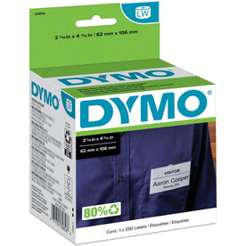 Dymo Non-Adhesive LabelWriter Name Badge Labels - 2 7/16’’ Width x 4 3/16’’ Length - Rectangle - White - 250 / Roll