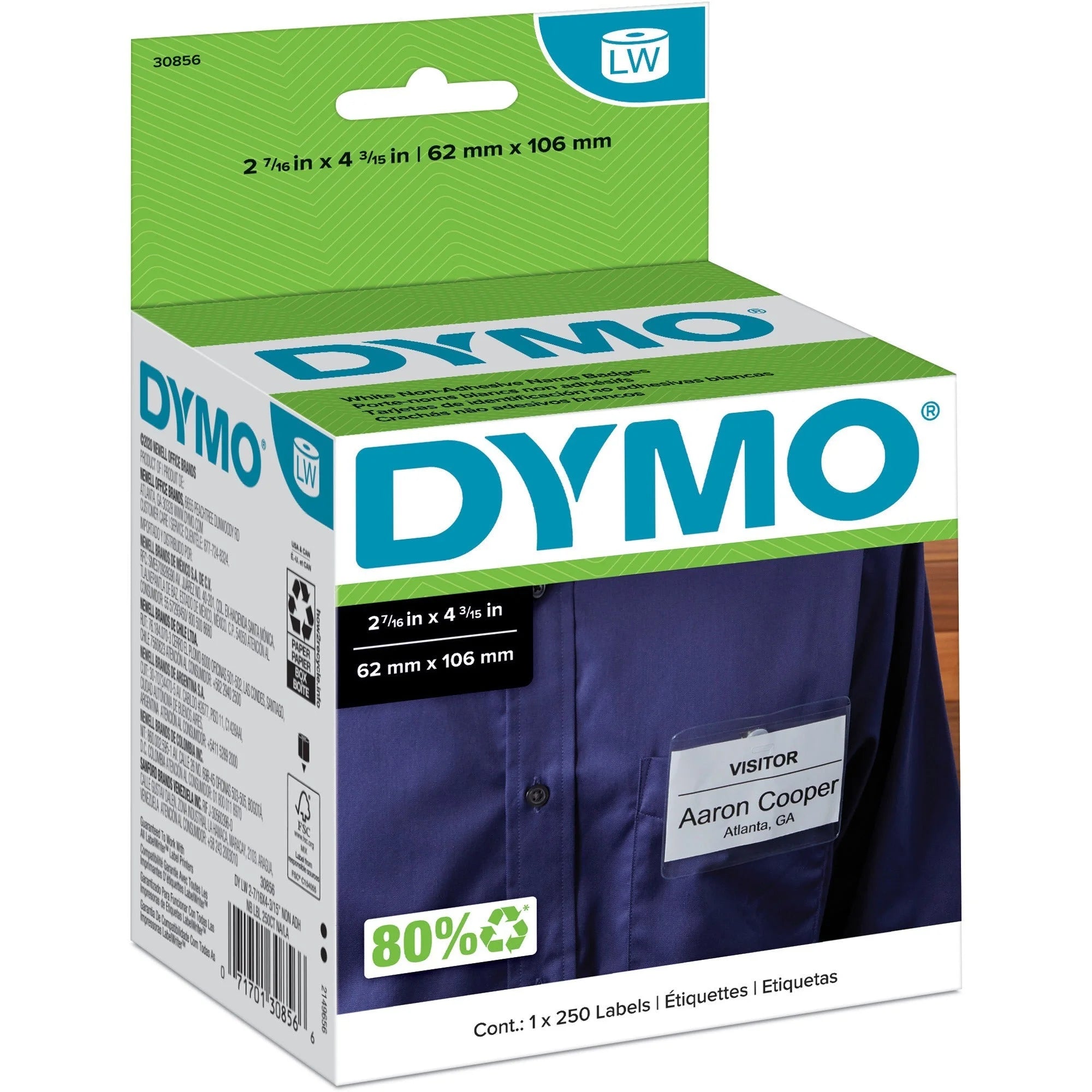 Dymo Non-Adhesive LabelWriter Name Badge Labels - White Rectangle 250/Roll - Label Tapes & Maker