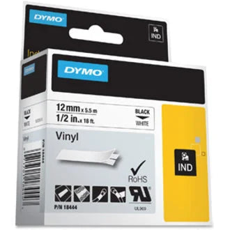 Dymo Rhino Industrial Vinyl Labels: 15/32’’ x 18 ft - Black on White - Water Chemical & Oil Resistant - Label Tapes