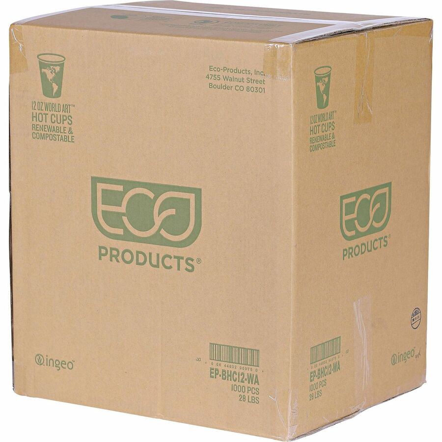 Eco-Products 12 oz World Art Hot Beverage Cups - fl - Multi - Paper Resin - Drink - 50/Pack - 20 / Carton