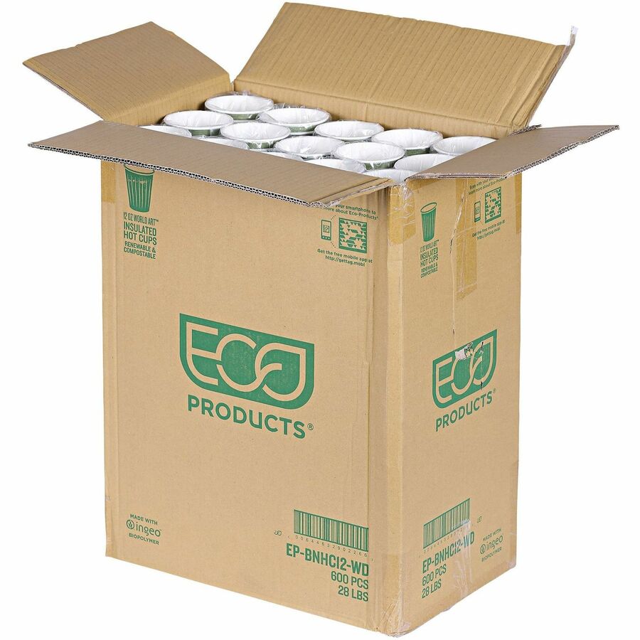Eco-Products 12 oz World Art Insulated Hot Beverage Cups - fl - Green - Drink - 600 / Carton