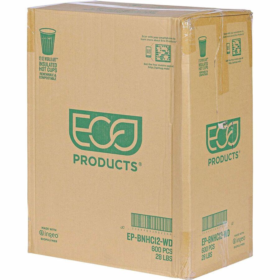 Eco-Products 12 oz World Art Insulated Hot Beverage Cups - fl - Green - Drink - 600 / Carton