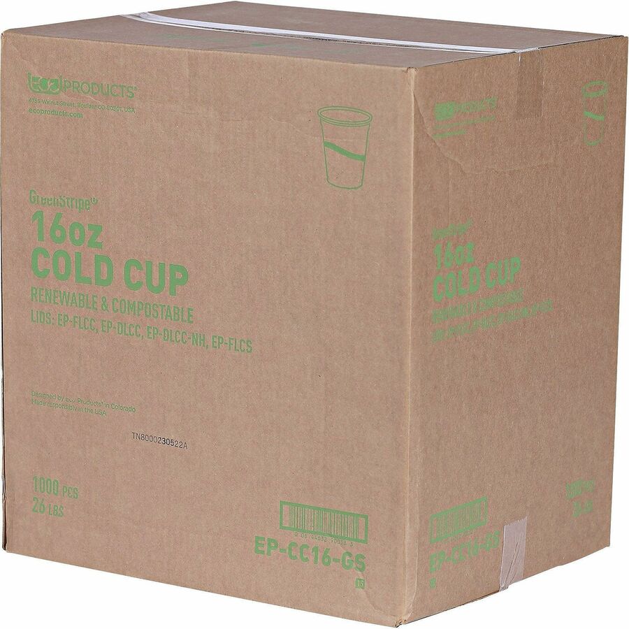 Eco-Products 16 oz GreenStripe Cold Cups - fl - Clear Green - Polylactic Acid (PLA) - Drink - 50/Pack - 20 / Carton