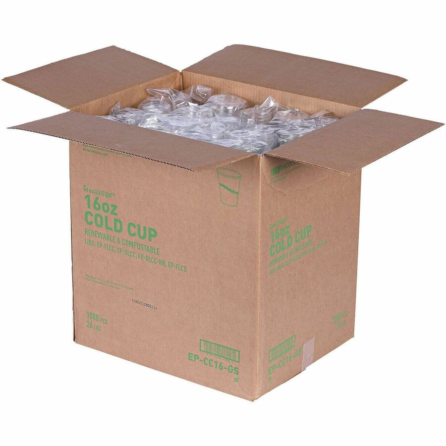 Eco-Products 16 oz GreenStripe Cold Cups - fl - Clear Green - Polylactic Acid (PLA) - Drink - 50/Pack - 20 / Carton