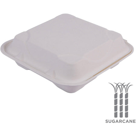 Eco-Products Hinged Clamshell Containers - Storing - Disposable - Microwave Safe - White - Sugarcane Body - 200