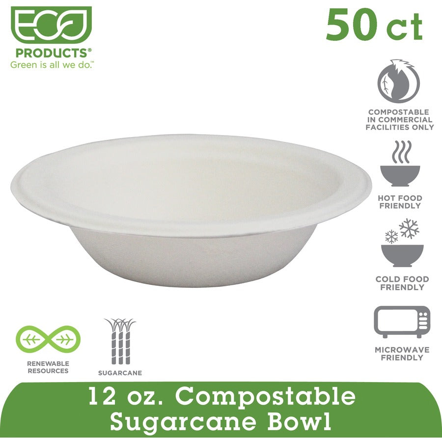 Eco-Products Vanguard 12 oz Sugarcane Bowls - Breakroom - Disposable - Microwave Safe - White - Fiber Body