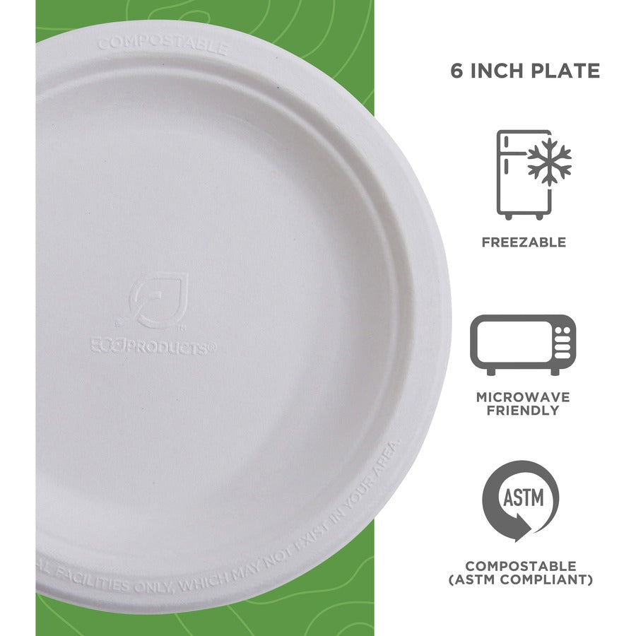 Eco-Products Vanguard 6’’ Sugarcane Plates - Breakroom - Disposable - Microwave Safe - Diameter - White