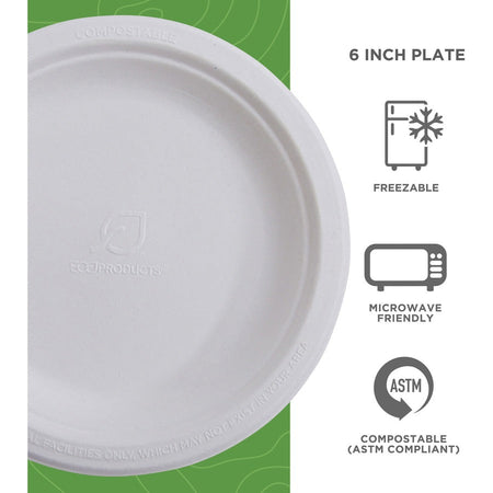 Eco-Products Vanguard 6’’ Sugarcane Plates - Breakroom - Disposable - Microwave Safe - Diameter - White