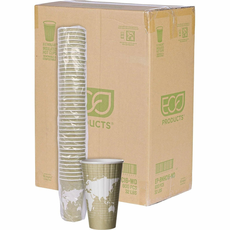 Eco-Products 16 oz World Art Insulated Hot Beverage Cups - fl - Tan - Drink - 600 / Carton