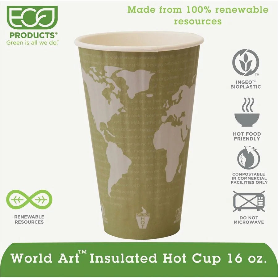 Eco-Products 16 oz World Art Insulated Hot Beverage Cups - fl - Tan - Drink - 600 / Carton